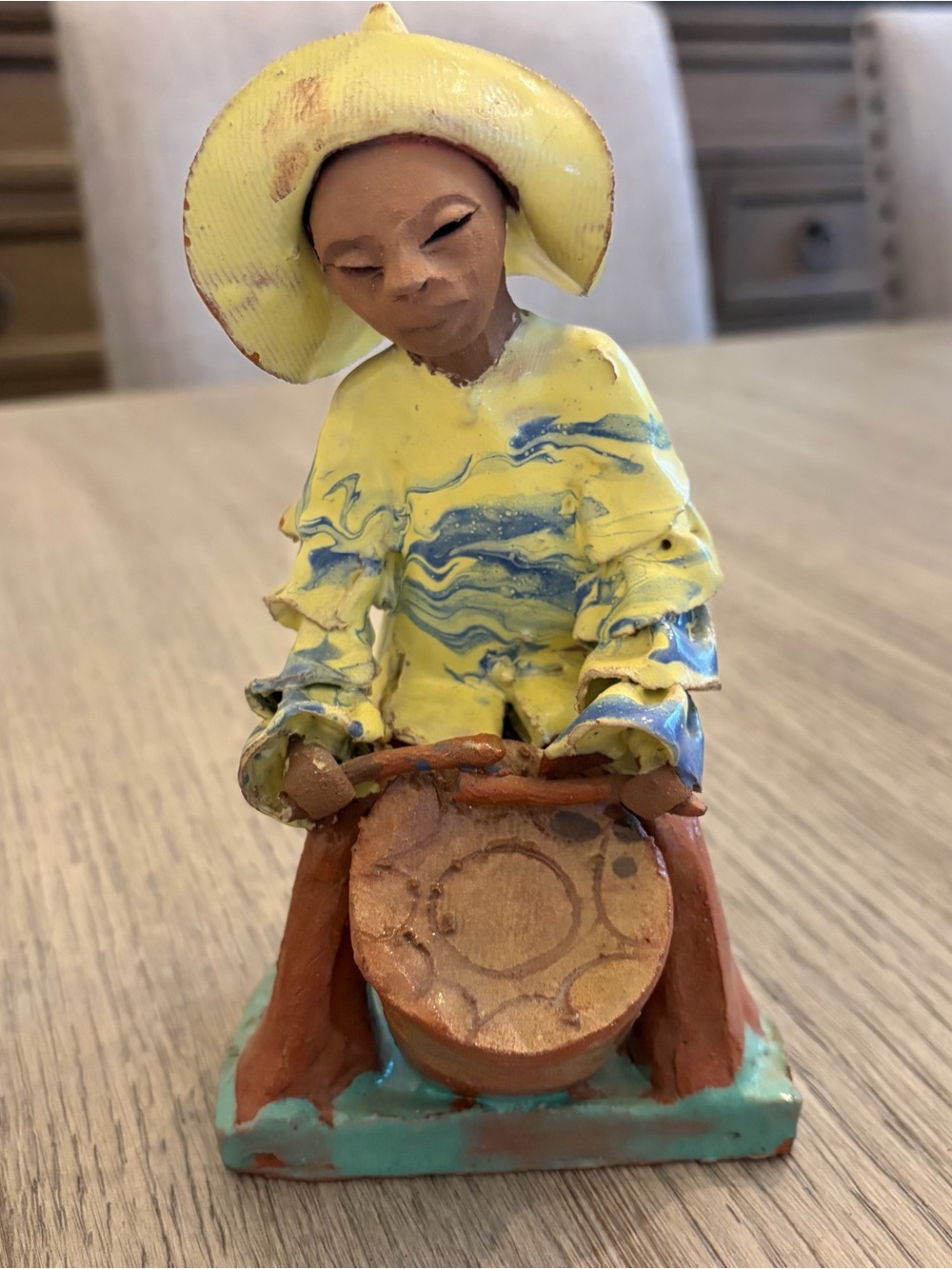 Vintage Mexican Clay Folk Art Figurine Detailed Drummer Approx 7.5”H X 4”W